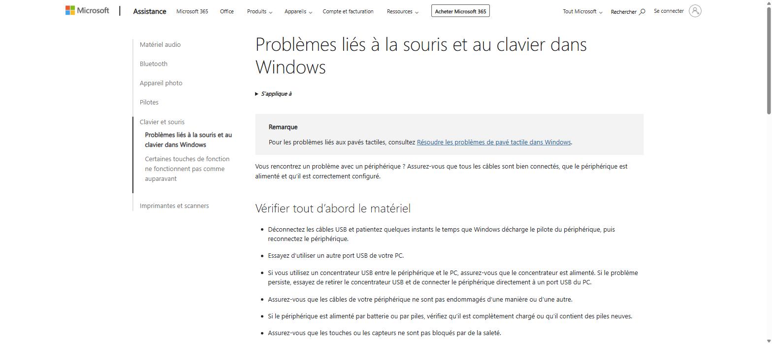 Page officielle Microsoft Support - Problèmes liés au clavier dans Windows
