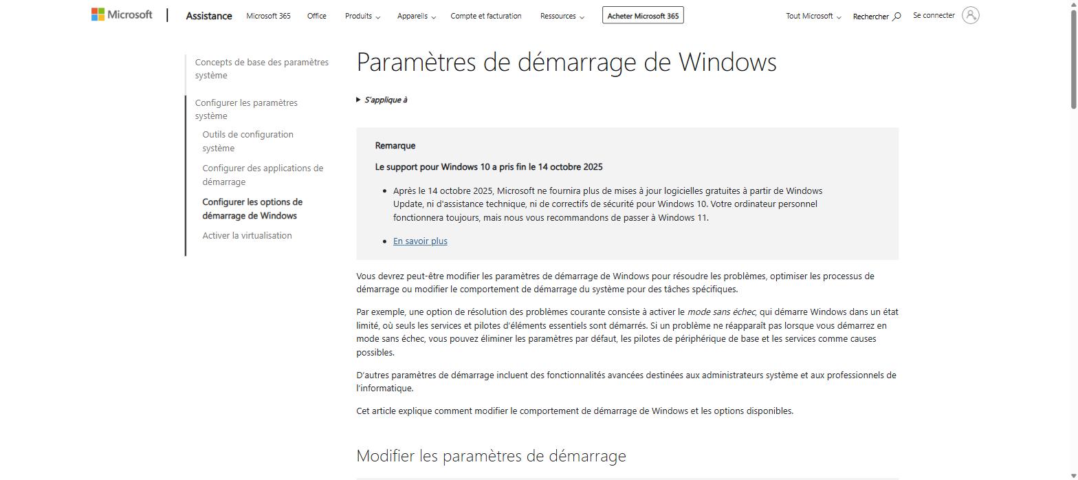 Page officielle Microsoft Support - Paramètres de démarrage de Windows
