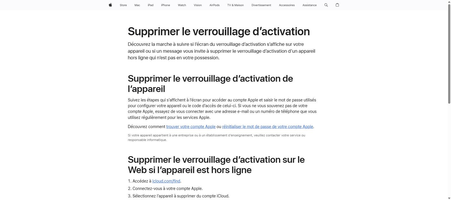 Page officielle Apple Support - Supprimer le verrouillage d'activation iCloud