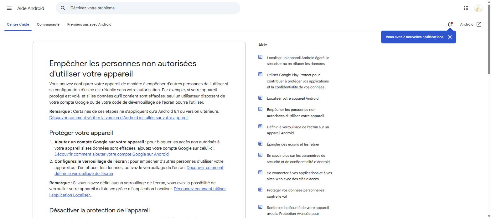 Page officielle Google - Protection anti-vol (FRP) des appareils Android