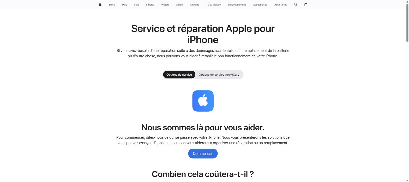 Page officielle Apple Support - Service et réparation pour iPhone