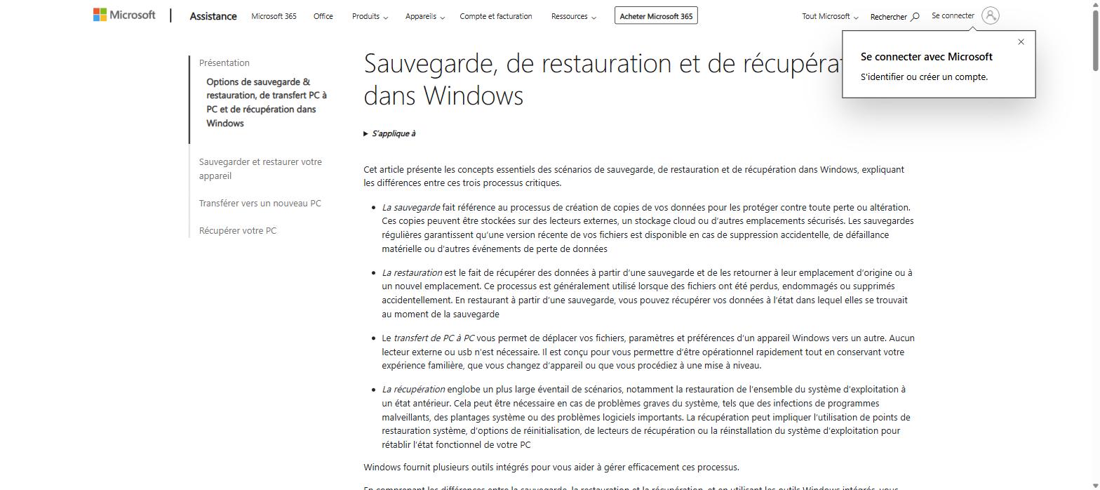 Page officielle Microsoft Support - Sauvegarde et restauration