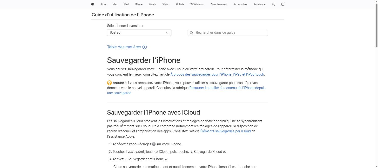 Page officielle Apple Support - Sauvegarder son iPhone
