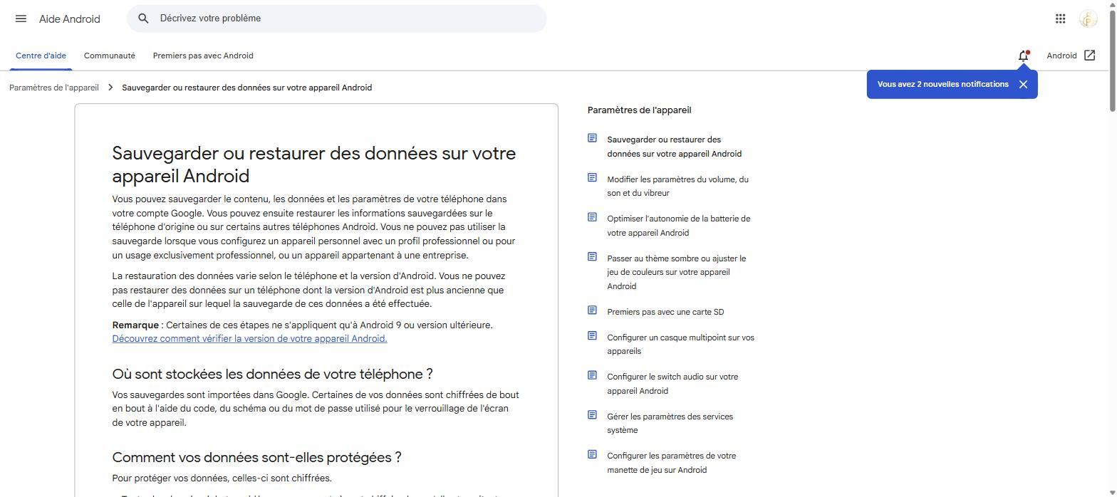 Page officielle Google - Sauvegarder son appareil Android