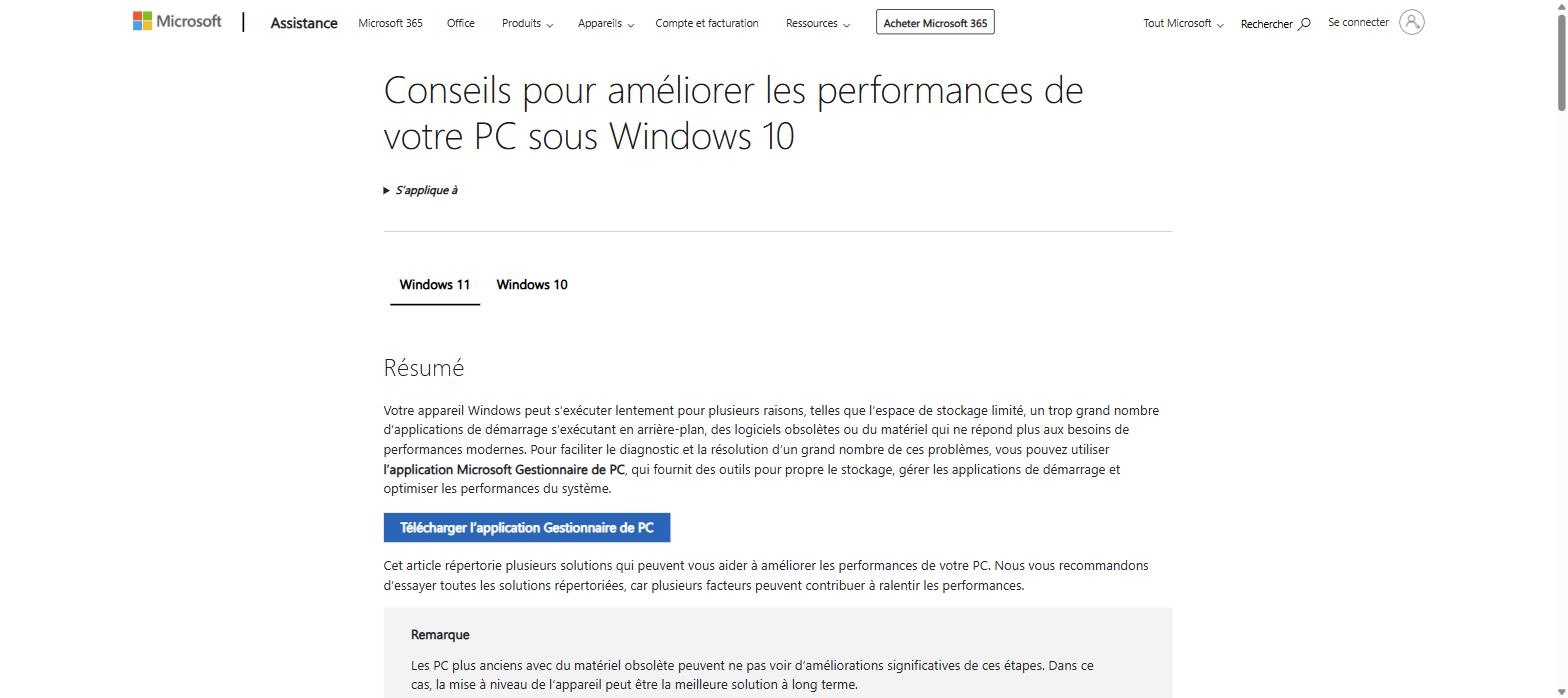 Page officielle Microsoft Support - Améliorer les performances du PC