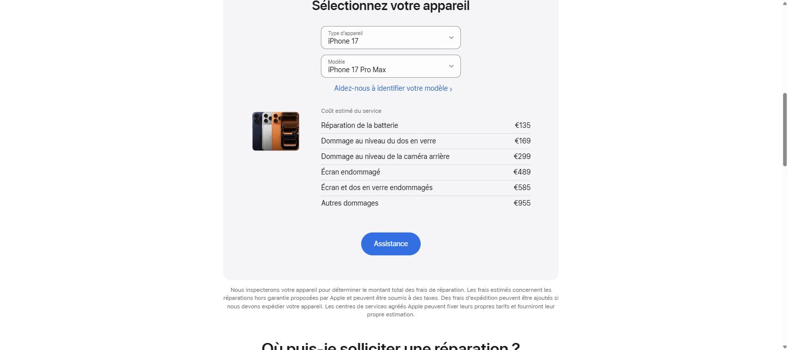 Simulateur officiel Apple des tarifs de réparation iPhone