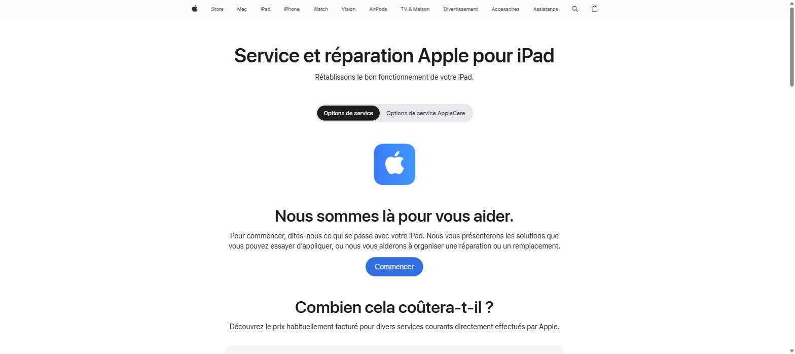 Page officielle Apple Support - Réparation iPad