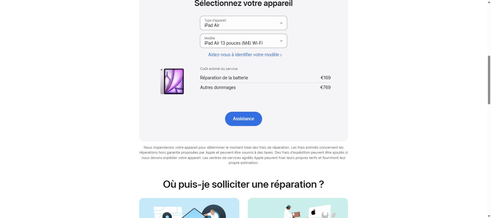Simulateur officiel Apple des tarifs de réparation iPad