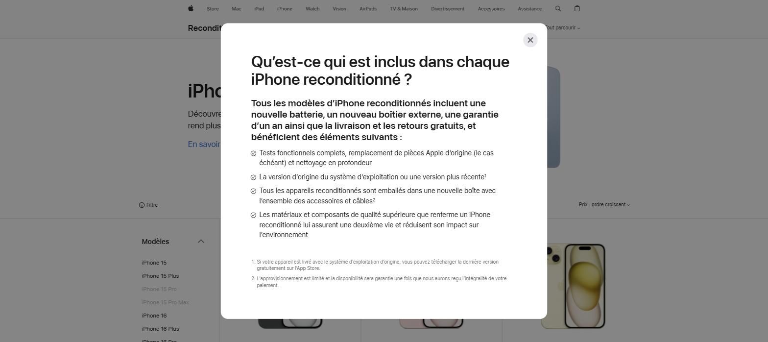 Détail officiel Apple des garanties incluses avec un iPhone reconditionné