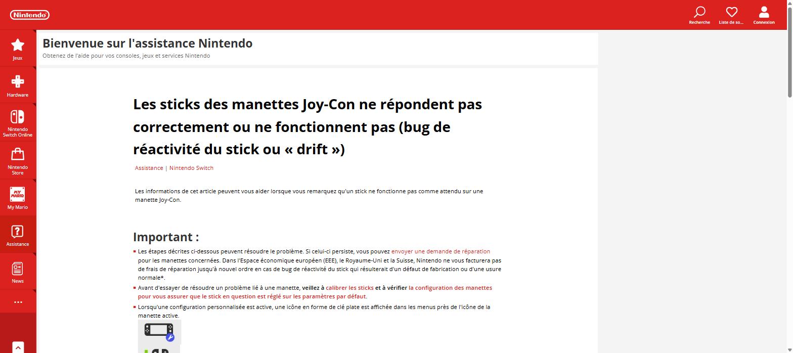 Page officielle Nintendo sur le drift des Joy-Con