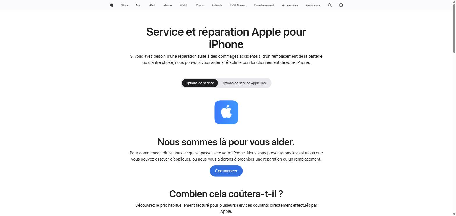 Page officielle Apple - Service et réparation