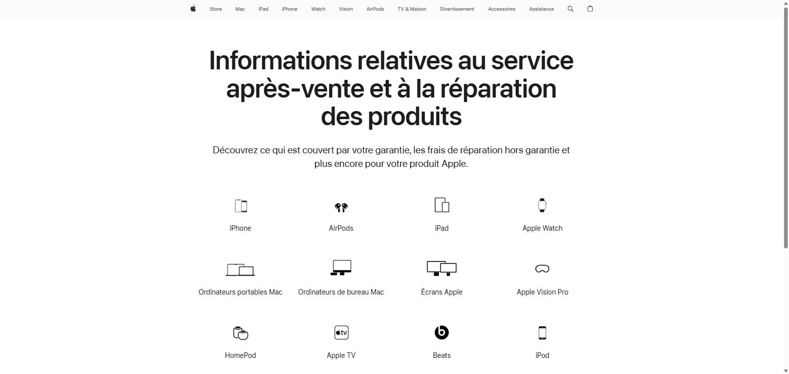 Page officielle Apple - Informations service après-vente (Mac)