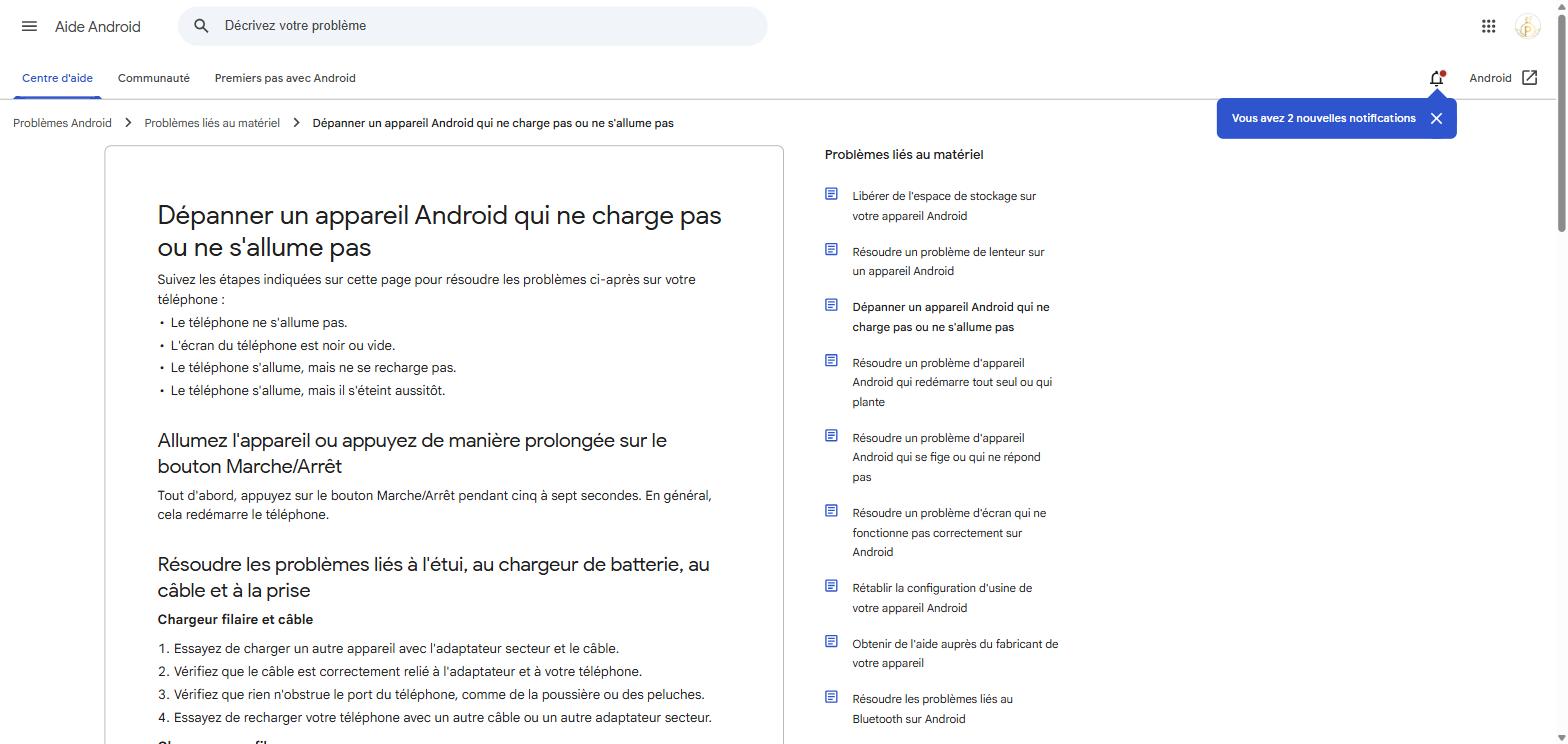 Page officielle Google - Dépanner un appareil Android qui ne charge pas