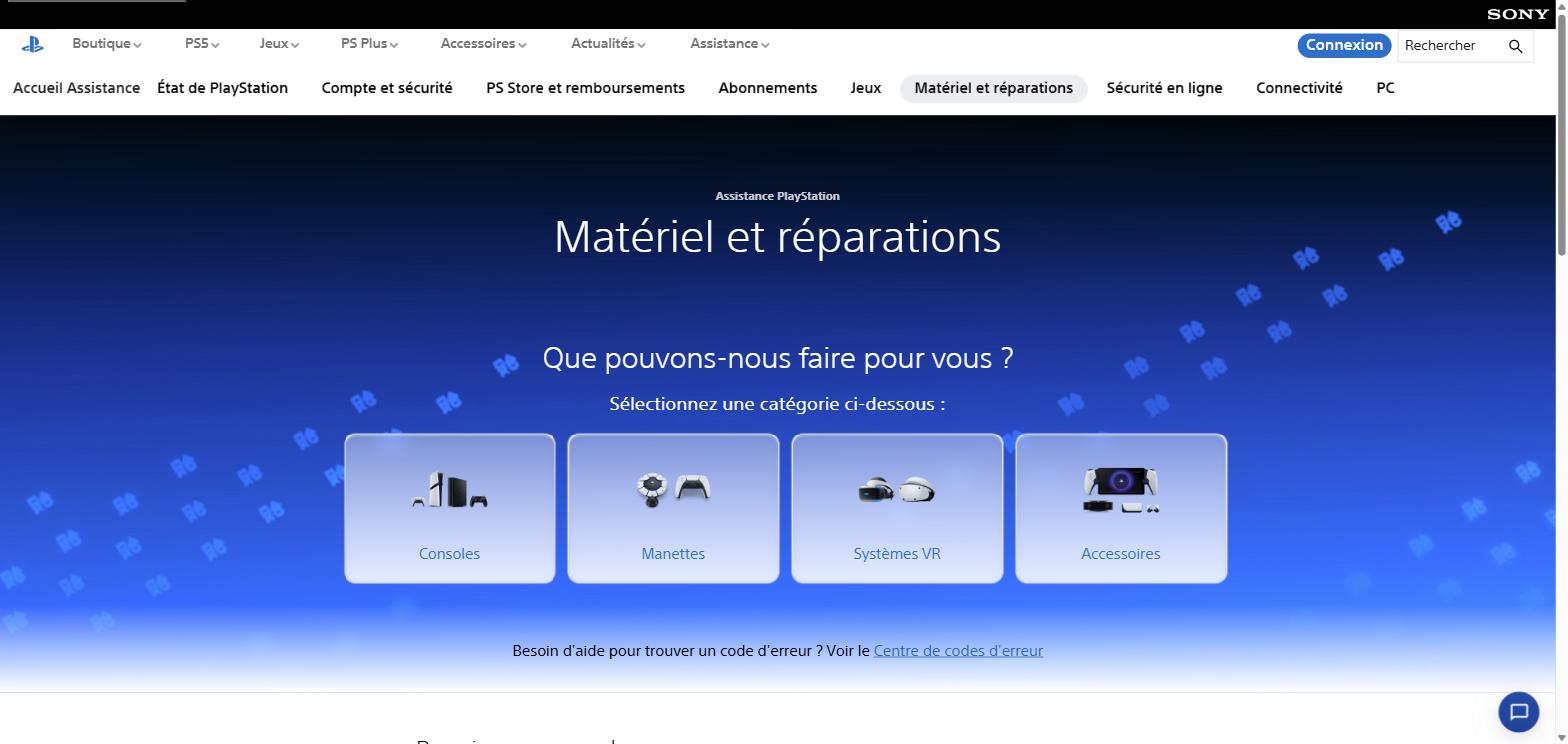 Page officielle PlayStation Support - Matériel et réparations